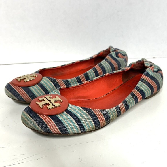TORY BURCH Reva Printed Canvas Bauer Stripe Ballet Flats Habanero Pepper 8 M‎ - Picture 1 of 13